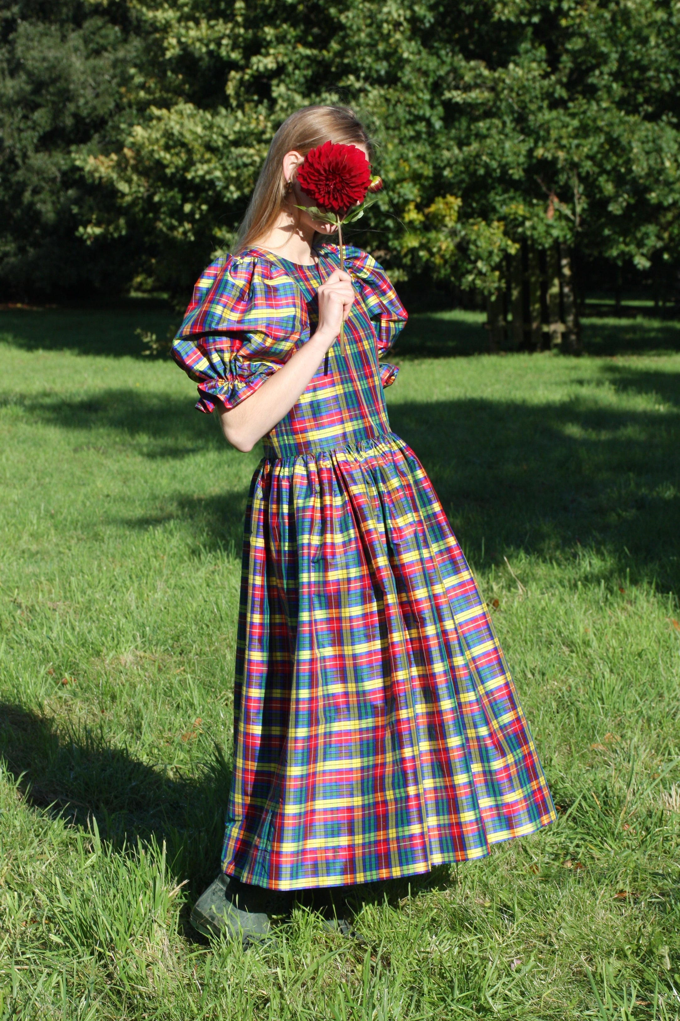 Silk Tartan Evening Dress Silk Puff Sleeve Midi Dress for